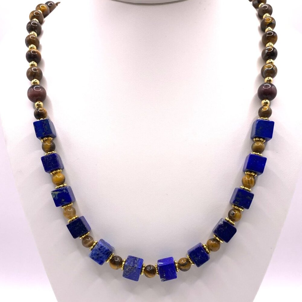 Lapis Lazuli Square Tiger's Eye Round Beads Necklace Handcrafted 22" Long LR170